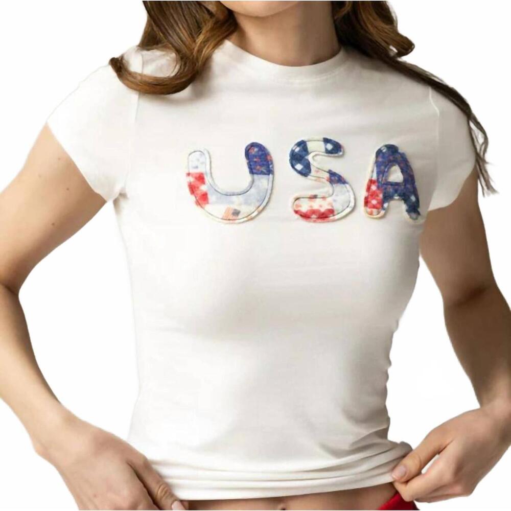 NEW THE HAPPY CAMP3R women's usa patchwork baby tee in white